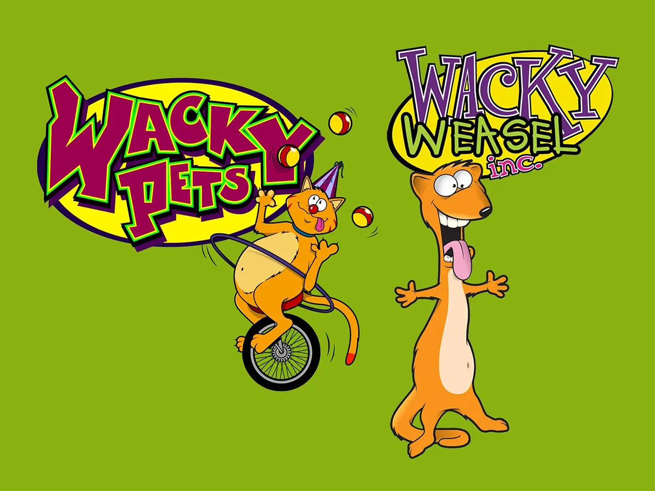 Wacky Pets cartoon illustration of cat juggling riding unicycle