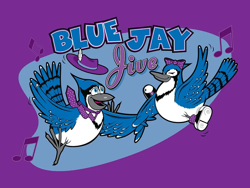 Bluejay Jive illustration of cartoon bluebirds swing dancing