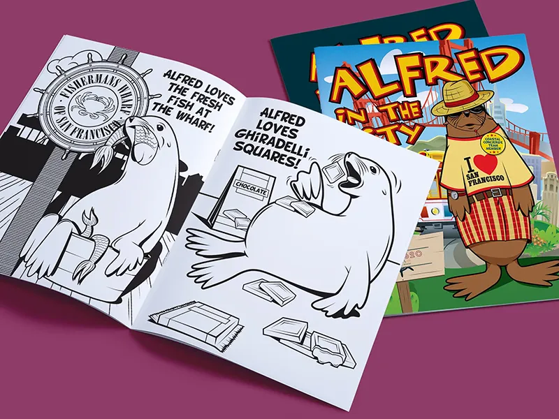 Aflred in the City coloring book page and cover samples
