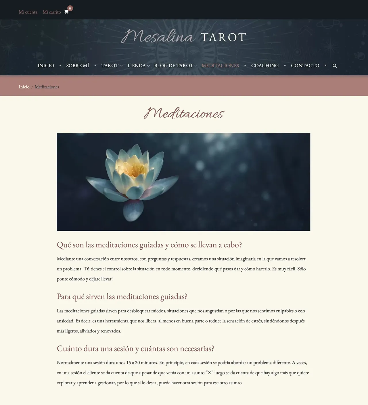 Mesalina Tarot Meditation website page