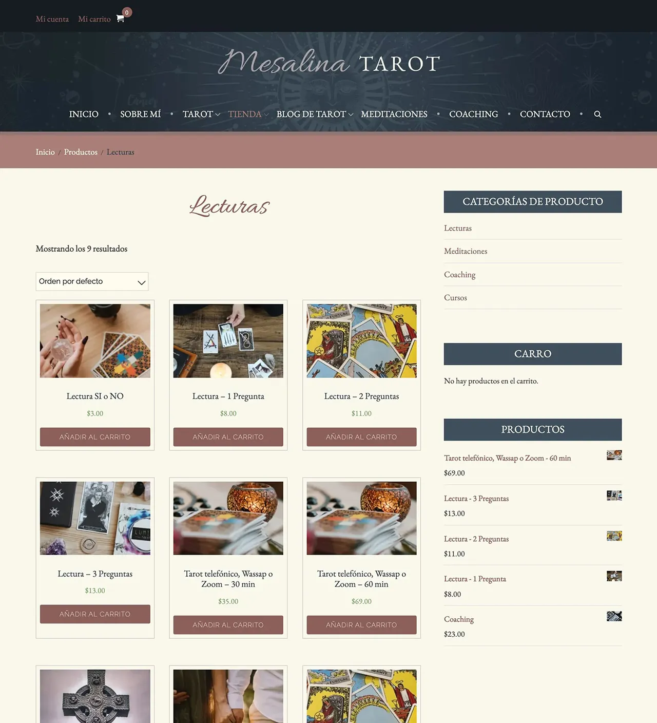 Mesalina Tarot website ecommerce page